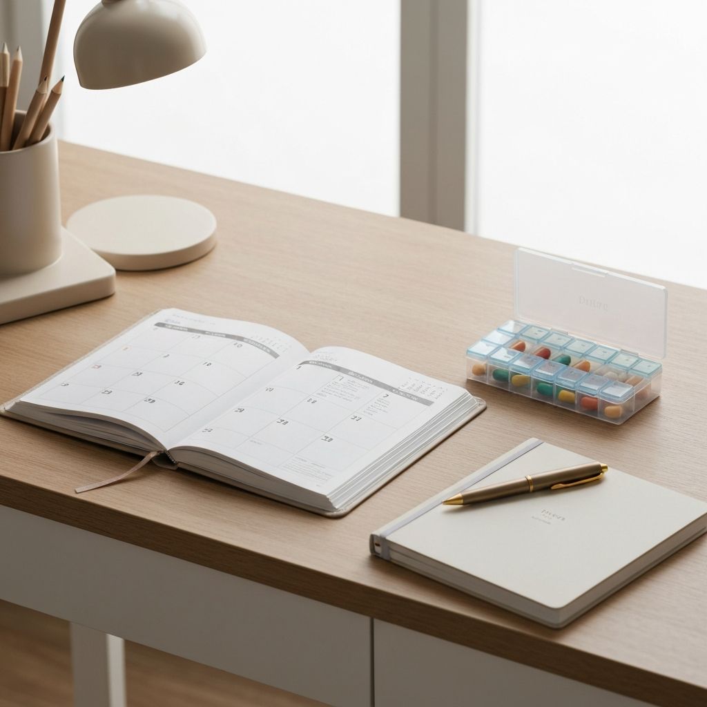 Planungssystem mit Notizbuch, Pillendose und Schreibstift